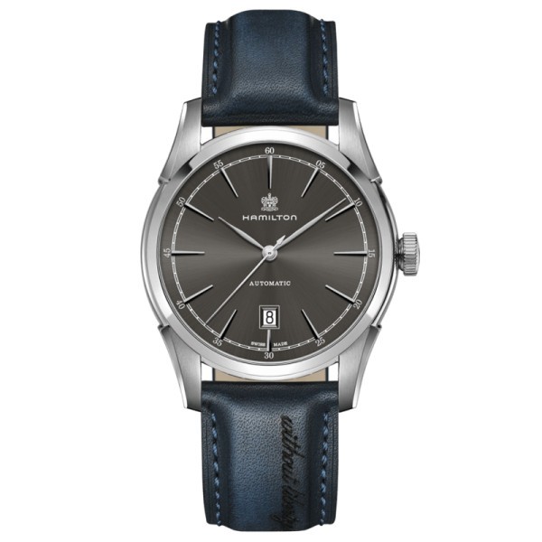 Montre Hamilton American Classic Spirit of Liberty automatique cadran anthracite bracelet cuir bleu 42 mm