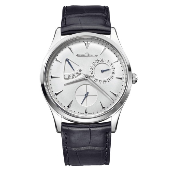 Montre Jaeger-LeCoultre Master Ulra Thin Réserve de Marche automatique cadran argent bracelet cuir noir 39 mm