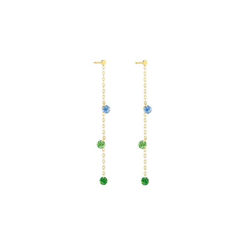 Pendants d'Oreilles La Brune et La Blonde Confetti Rio en or jaune saphirs bleus et tsavorites 0,80 carat