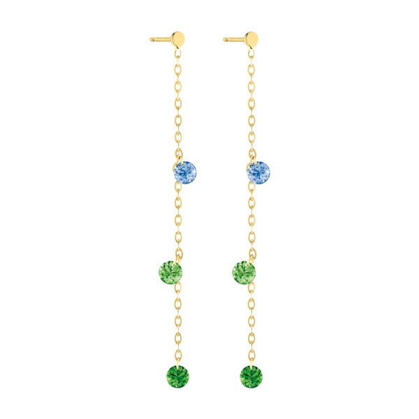 Pendants d'Oreilles La Brune et La Blonde Confetti Rio en or jaune saphirs bleus et tsavorites 0,80 carat