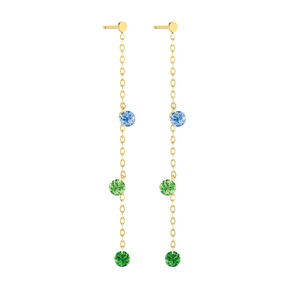 Pendants d'Oreilles La Brune et La Blonde Confetti Rio en or jaune saphirs bleus et tsavorites 0,80 carat