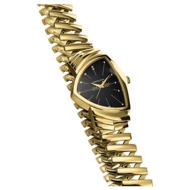 Montre Hamilton Ventura quartz cadran noir bracelet acier PVD doré