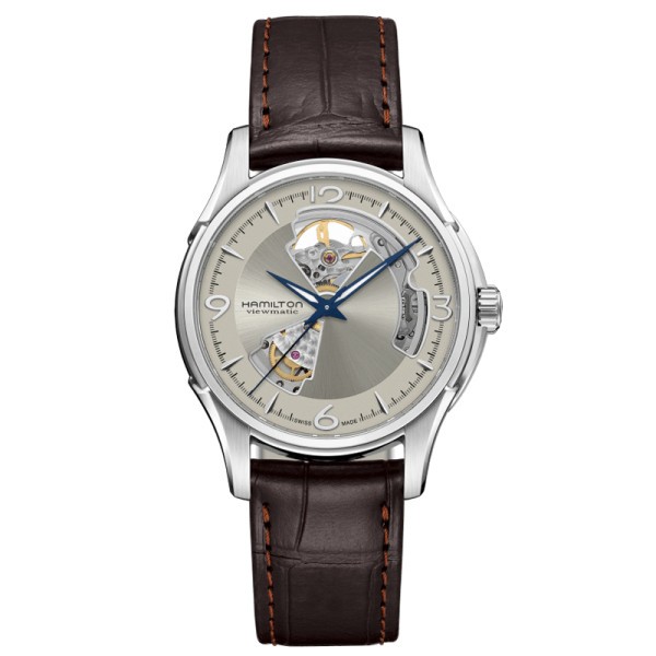 Montre Hamilton Jazzmaster Open Heart automatique cadran doré bracelet cuir brun façon alligator 40 mm H32565521