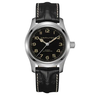 Montre Hamilton Khaki Field Murph automatique cadran noir bracelet cuir noir façon alligator 42 mm H70605731