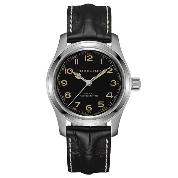 Montre Hamilton Khaki Field Murph automatique cadran noir bracelet cuir noir façon alligator 42 mm