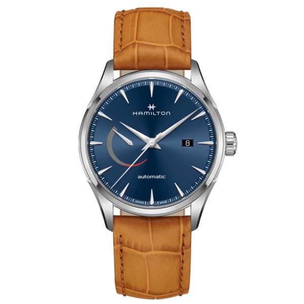 Montre Hamilton Jazzmaster Power Reserve automatique cadran bleu bracelet cuir miel 42 mm