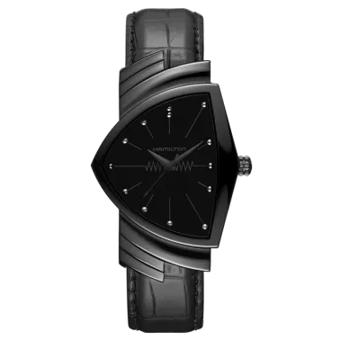 Montre Hamilton Ventura quartz acier PVD noir bracelet cuir noir façon alligator