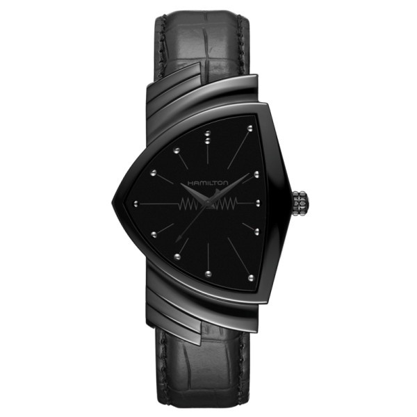 Montre Hamilton Ventura quartz acier PVD noir bracelet cuir noir façon alligator