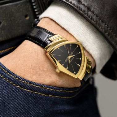 Montre Hamilton Ventura quartz acier PVD doré cadran noir bracelet cuir façon alligator