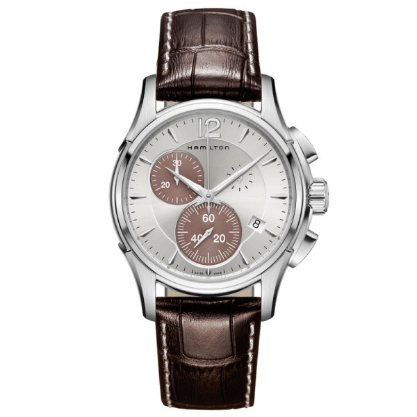 Montre Hamilton Jazzmaster Chrono quartz cadran argenté bracelet cuir brun façon alligator 42 mm