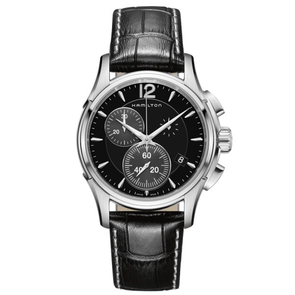 Montre Hamilton Jazzmaster Chrono quartz cadran noir bracelet cuir noir façon alligator 42 mm