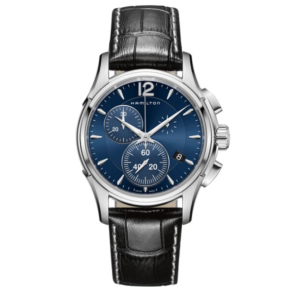 Montre Hamilton Jazzmaster Chrono quartz cadran bleu bracelet cuir noir façon croco 42 mm