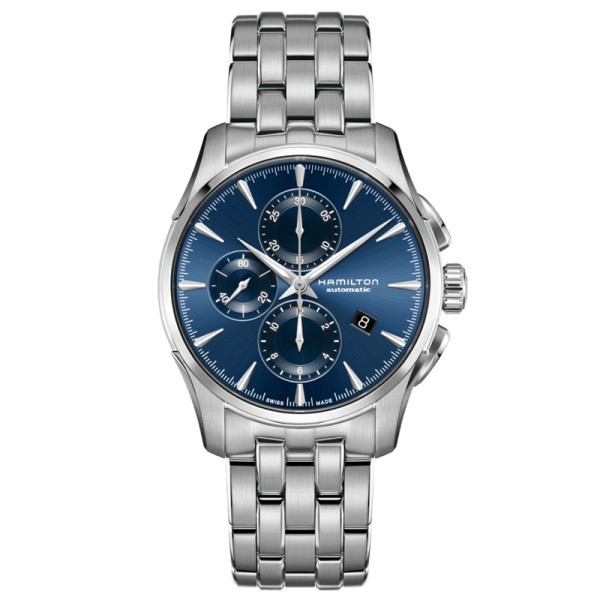 Montre Hamilton Jazzmaster Auto Chrono cadran soleillé bleu bracelet acier 42 mm