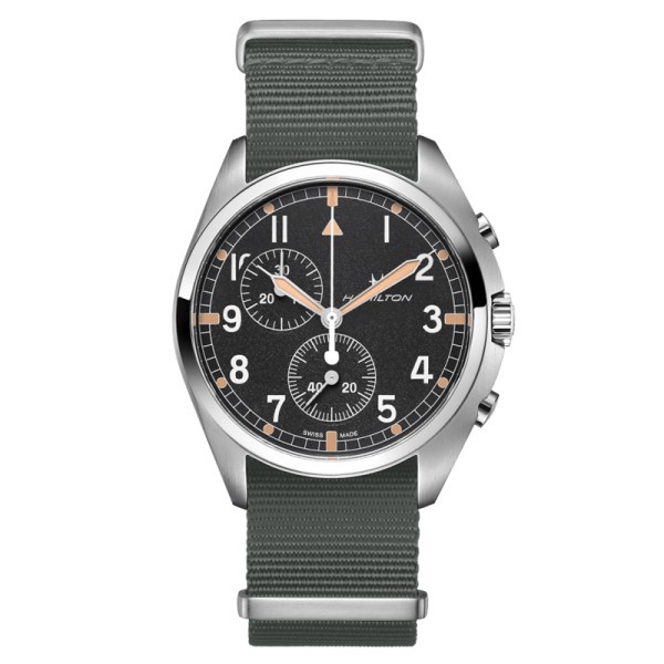 Montre Hamilton Khaki Pilot Pioneer quartz chronographe cadran noir bracelet textile gris 41 mm