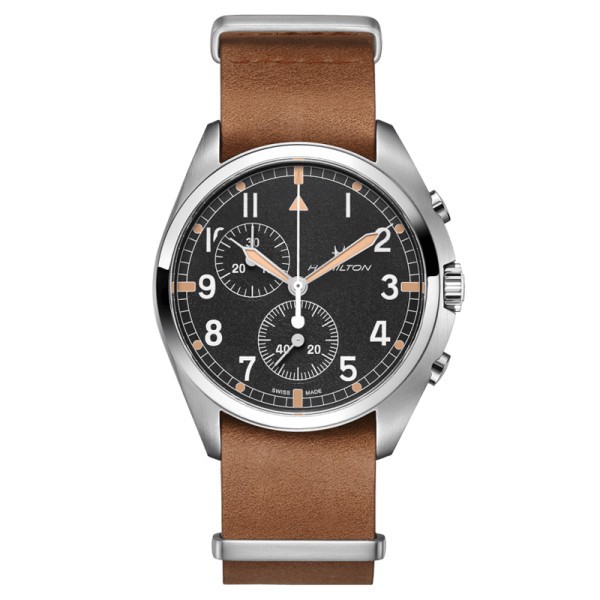 Montre Hamilton Khaki Pilot Pioneer quartz chronographe cadran noir bracelet cuir brun 41 mm