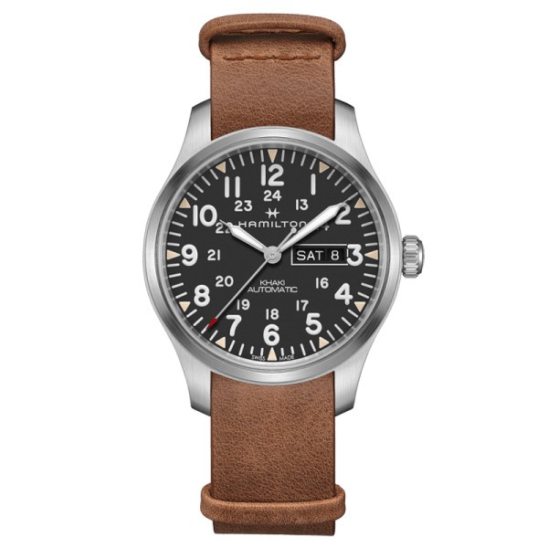 Montre Hamilton Khaki Field Day Date automatique cadran noir bracelet nato cuir brun 42 mm H70535531