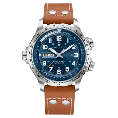 Montre Hamilton Khaki Aviation X-Wind Day Date auto cadran bleu bracelet cuir brun 45 mm