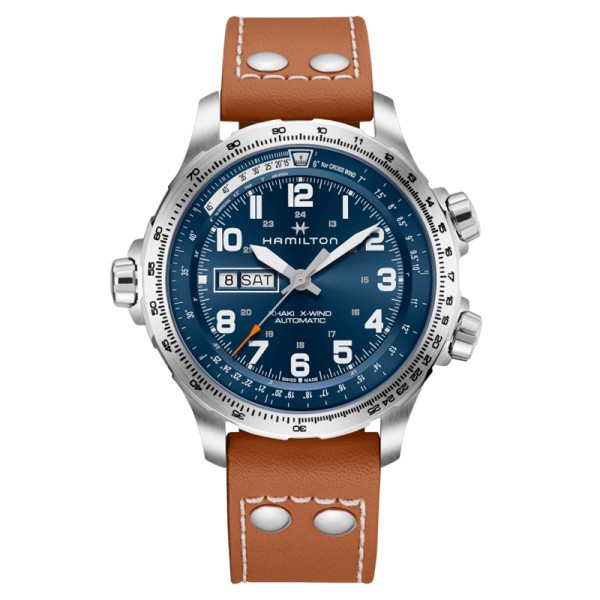 Montre Hamilton Khaki Aviation X-Wind Day Date auto cadran bleu bracelet cuir brun 45 mm