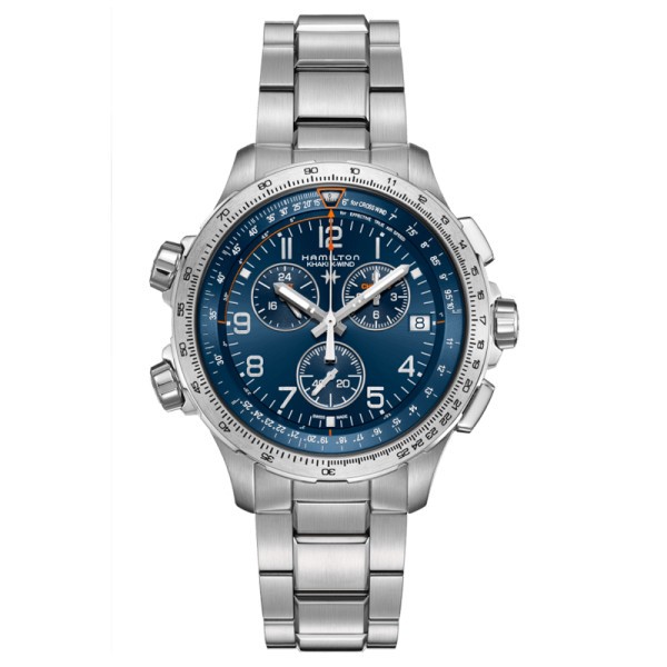 Montre Hamilton Khaki Aviation X-Wind GMT quartz cadran bleu bracelet acier 46 mm