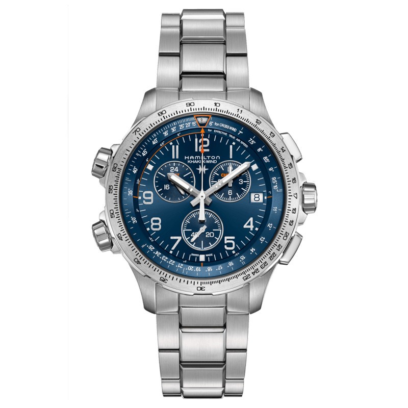 Montre Hamilton Khaki Aviation X-Wind GMT quartz cadran bleu bracelet acier 46 mm