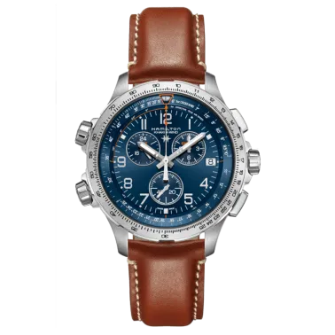 Montre Hamilton Khaki Aviation X-Wind GMT quartz cadran bleu bracelet cuir brun 46 mm