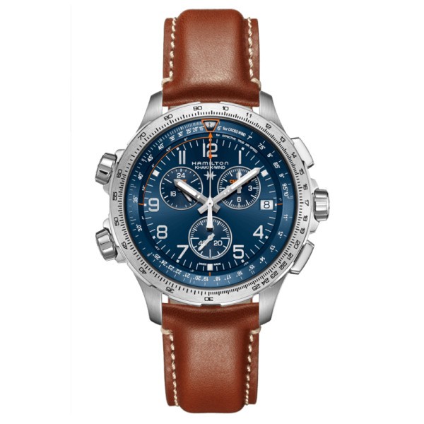Montre Hamilton Khaki Aviation X-Wind GMT quartz cadran bleu bracelet cuir brun 46 mm
