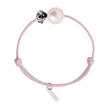 Bracelet Claverin Baby Girls Cords Flower cordon rose poudré perle blanche et fleur en or blanc - SOLDAT