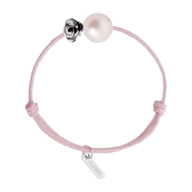 Bracelet Claverin Baby Girls Cords Flower cordon rose poudré perle blanche et fleur en or blanc - SOLDAT