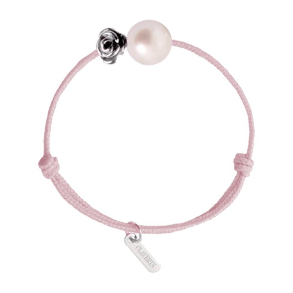 Bracelet Claverin Baby Girls Cords Flower cordon rose poudré perle blanche et fleur en or blanc