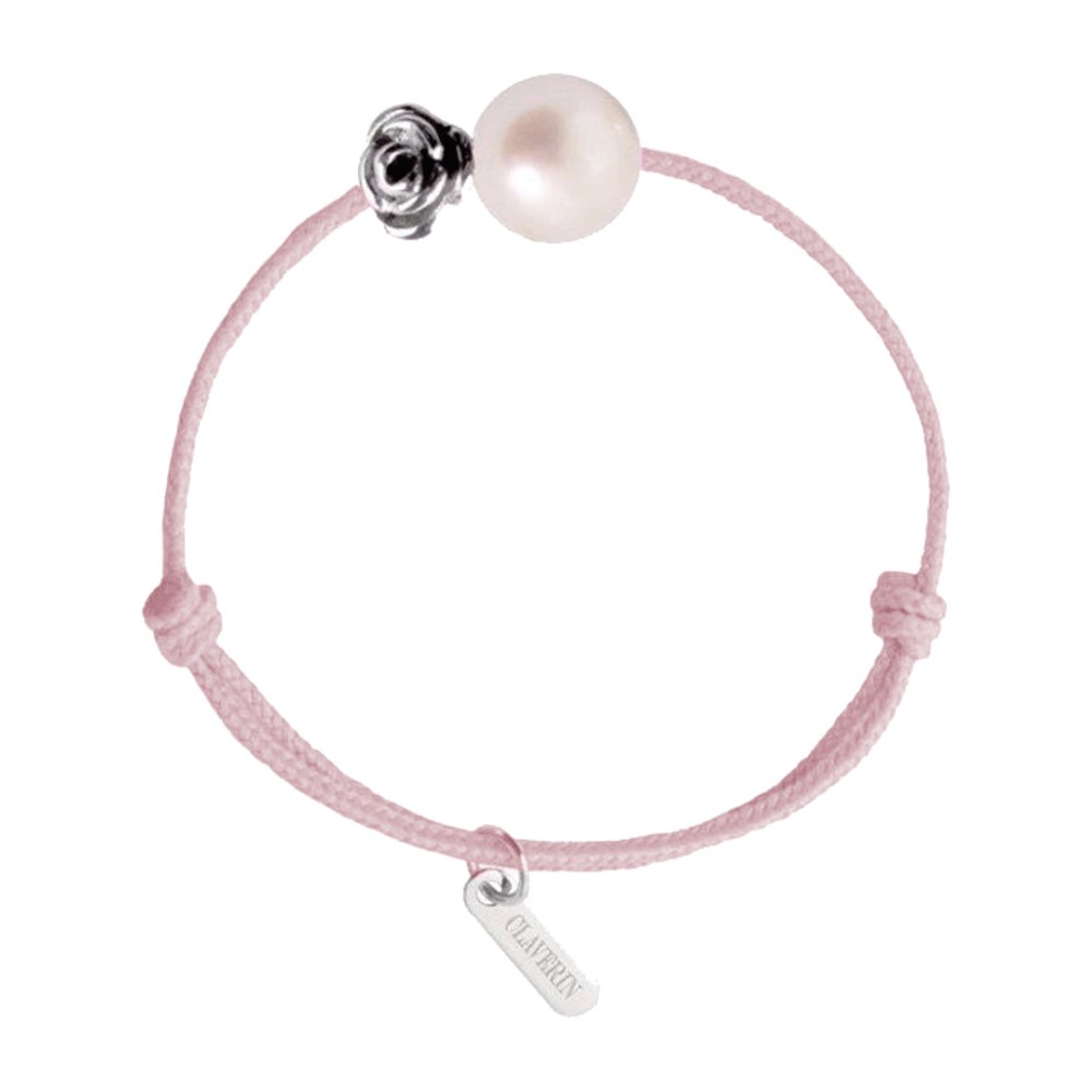 Bracelet Claverin Baby Girls Cords Flower cordon rose poudré perle blanche et fleur en or blanc