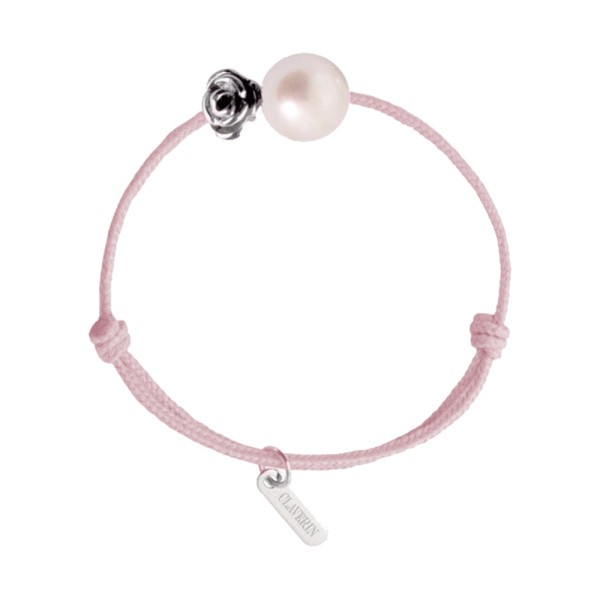 Bracelet Claverin Baby Girls Cords Flower cordon rose poudré perle blanche et fleur en or blanc - SOLDAT PL