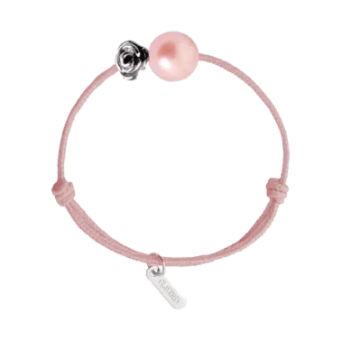 Bracelet Claverin Baby Girls Cords Flower cordon rose poudré perle rose et fleur en or blanc - SOLDAT PL