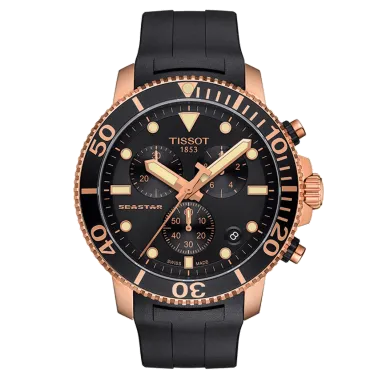 Montre Tissot T-Sport Seastar 1000 Chronograph quartz PVD or rose cadran noir bracelet caoutchouc noir 45 mm