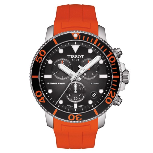 Montre Tissot T -Sport Seastar 1000 Chronograph quartz cadran noir bracelet  caoutchouc orange 45 mm
