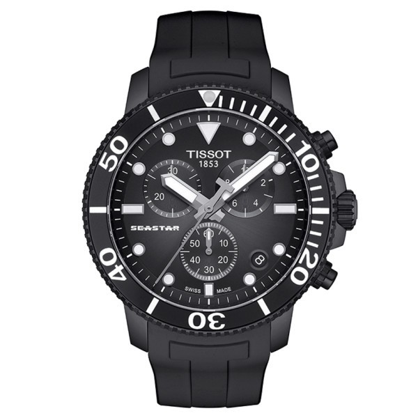 Montre Tissot T-Sport Seastar 1000 Chronograph automatique PVD noir cadran noir bracelet caoutchouc noir 45 mm