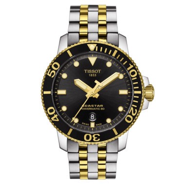 Montre Tissot T-Sport Seastar 1000 Powermatic 80 bicolore cadran noir bracelet acier bicolore 43 mm