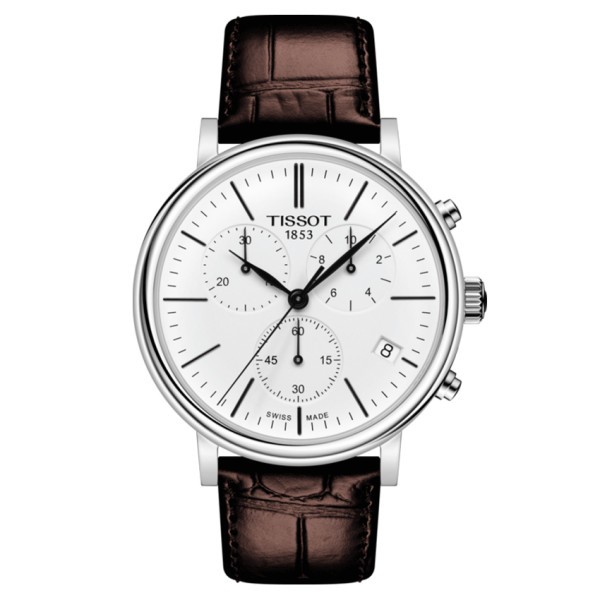 Montre Tissot T-Classic Carson Premium Chronograph quartz cadran blanc bracelet cuir 41 mm