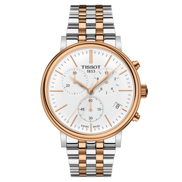 Montre Tissot T-Classic Carson Premium Chronograph quartz bicolore cadran blanc bracelet acier 41 mm