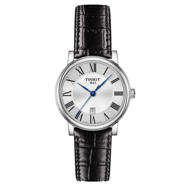 Montre Tissot T-Classic Carson Premium Lady quartz cadran argenté chiffres romains bracelet cuir noir 30 mm