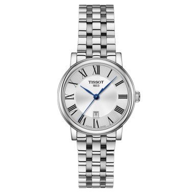 Montre Tissot T-Classic Carson Premium Lady quartz cadran argenté chiffres romains bracelet acier 30 mm