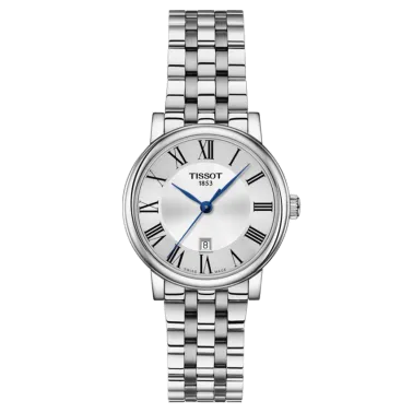 Montre Tissot T-Classic Carson Premium Lady quartz cadran argenté chiffres romains bracelet acier 30 mm