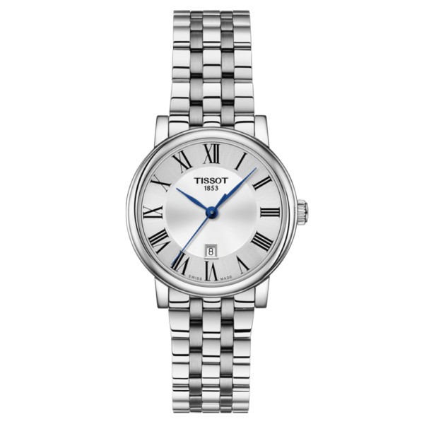 Montre Tissot T-Classic Carson Premium Lady quartz cadran argenté chiffres romains bracelet acier 30 mm