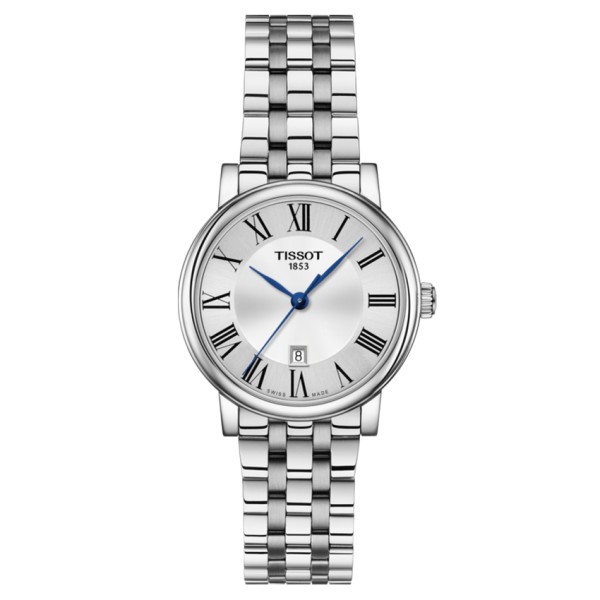 Montre Tissot T-Classic Carson Premium Lady quartz cadran argenté chiffres romains bracelet acier 30 mm