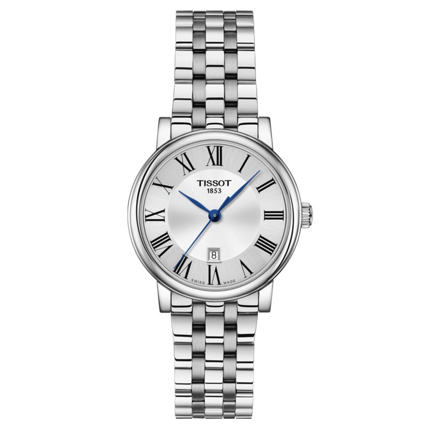 Montre Tissot T-Classic Carson Premium Lady quartz cadran argenté chiffres romains bracelet acier 30 mm