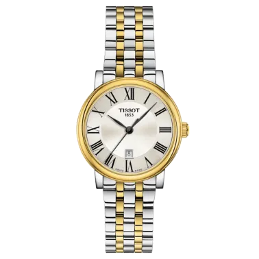 Montre Tissot T-Classic Carson Premium Lady quartz cadran argenté chiffres romains bracelet acier bicolore 30 mm