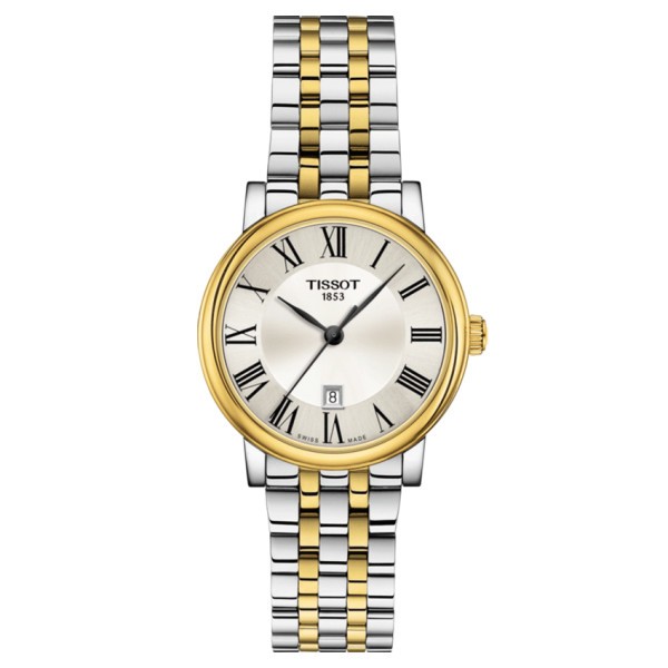 Montre Tissot T-Classic Carson Premium Lady quartz cadran argenté chiffres romains bracelet acier bicolore 30 mm