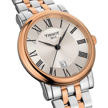 Montre Tissot T-Classic Carson Premium Lady quartz lunette acier PVD doré rose bracelet acier bicolore 30 mm