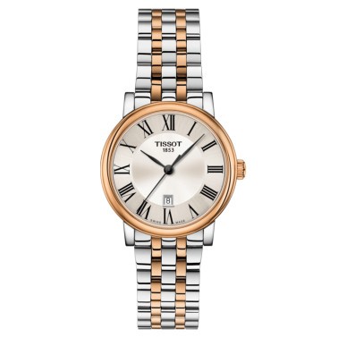 Montre Tissot T-Classic Carson Premium Lady quartz lunette acier PVD doré rose bracelet acier bicolore 30 mm
