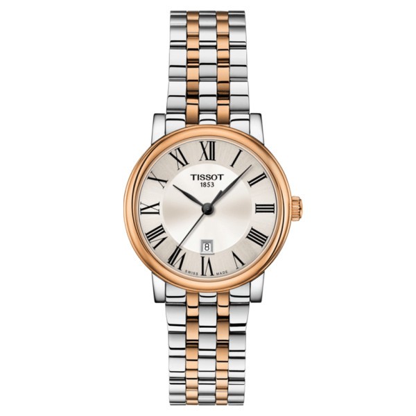 Montre Tissot T-Classic Carson Premium Lady quartz lunette acier PVD doré rose bracelet acier bicolore 30 mm