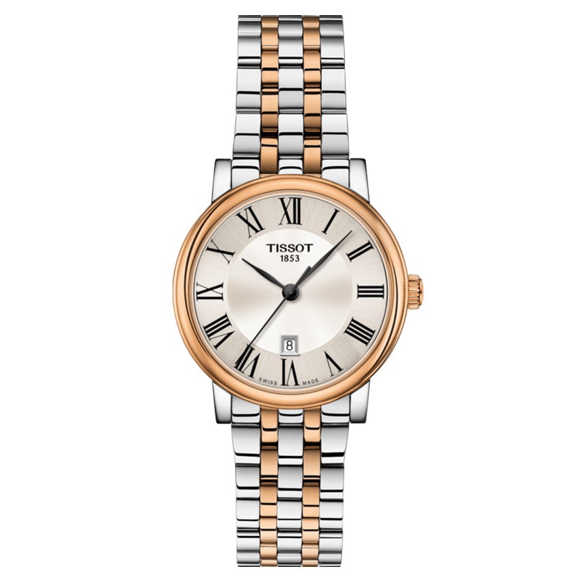 Montre Tissot T-Classic Carson Premium Lady quartz lunette acier PVD doré rose bracelet acier bicolore 30 mm